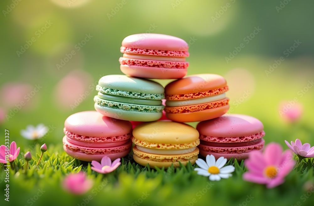 Fototapeta premium A colorful pile of macaroons resting on a verdant field surrounded by blossoms 