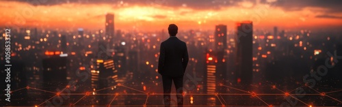 Businessman observing future city with network connections