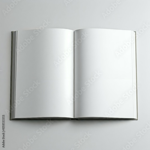 Open blank book with white pages on a gray background.