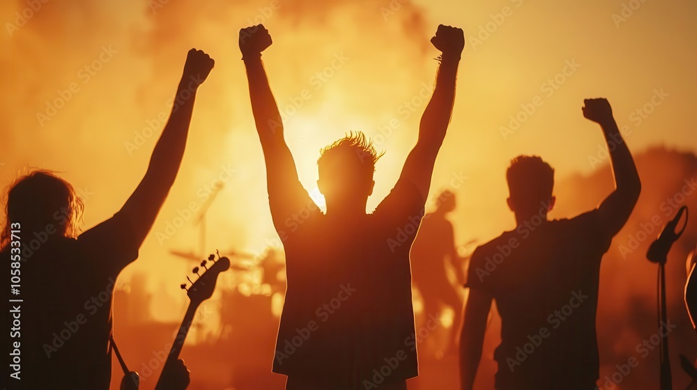Friends enjoying an outdoor concert, dancing with joy, energetic atmosphere Friends enjoying an outdoor concert, dancing with joy, energetic atmosphere