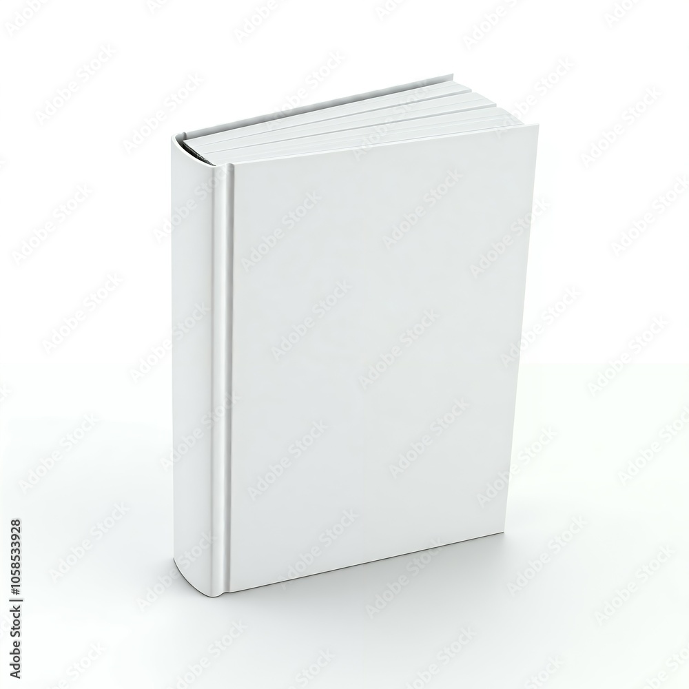 A blank white book standing upright on a white background. A blank white book standing upright on a white background.