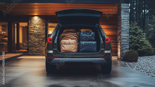 SUV car with open trunk, packed with luggage bag, car ready for roadtrip, the car is in the driveway home