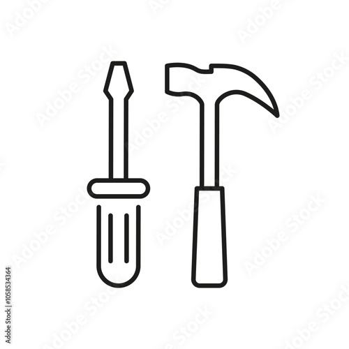 Screwdriver and Hammer Line Icon for Repair Services. Construction and Maintenance Tool Outline Symbol. Technical Support Sign. Editable Stroke. Isolated Vector Illustration