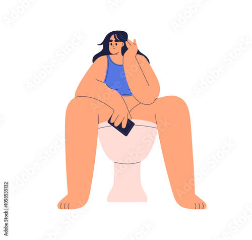 Woman sitting on toilet bowl, holding smartphone. Female in restroom, mobile phone in hand. Girl seated in home WC, closet, loo with gadget. Flat vector illustration isolated on white background