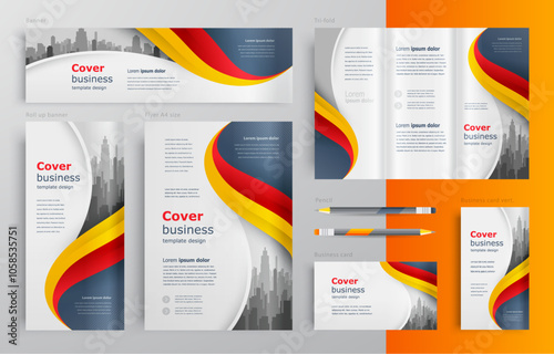 Identity Red and Orange Color Curves Waves Theme. Set flyer cover, tri-fold, banner, roll up banner, business card