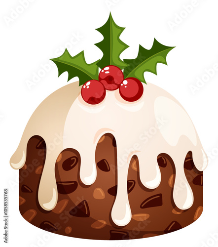 Traditional British Christmas Pudding with Brandy Sauce & Holly on Top