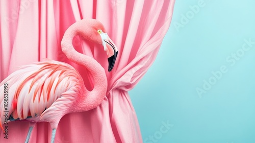 Flamingo pink curtain banners create a vibrant contrast against a light blue background, adding a playful touch. Ideal for design projects and creative uses with ample copy space. photo