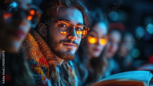 a group of friends sharing a cozy moment together, engrossed in reading books, their faces illuminated by warm light, symbolizing the joy of companionship and the love for literature