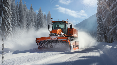 Snow plow machine clearing a path through fresh snow, its power and efficiency.