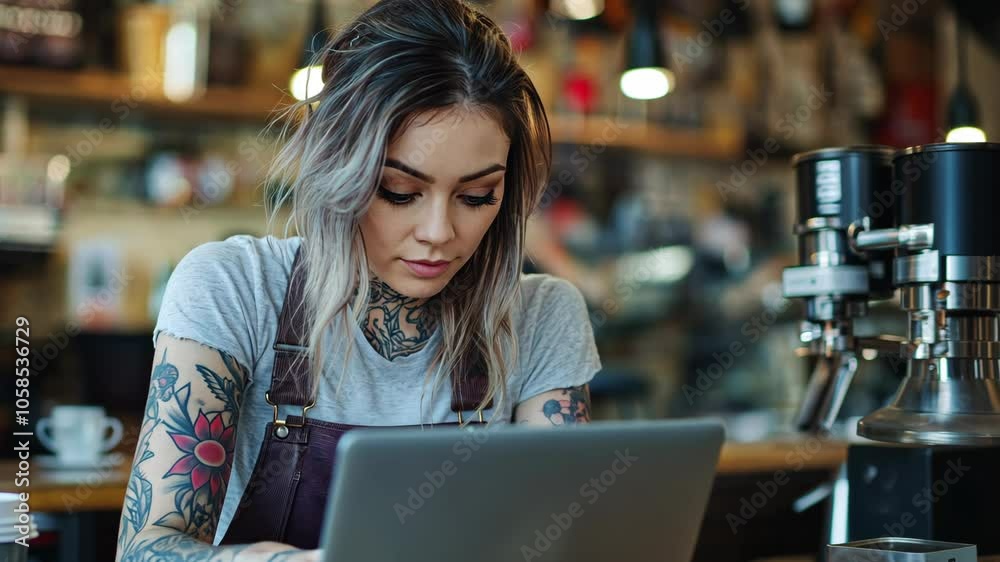 A woman with tattoos uses a laptop in a coffee shop