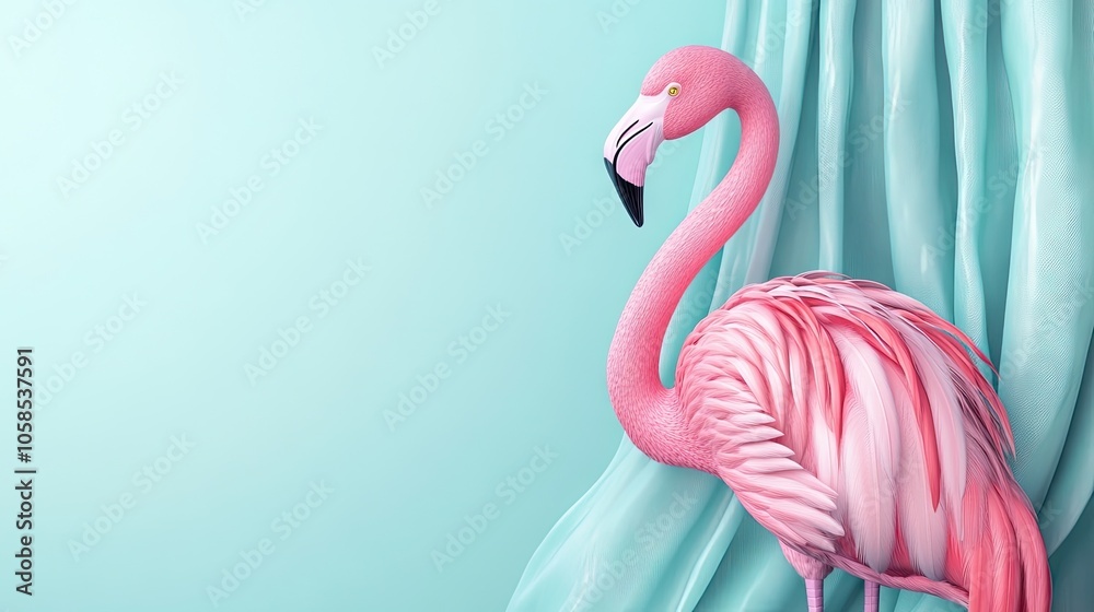 Fototapeta premium Flamingo pink curtain banners create a vibrant contrast against a light blue background, adding a playful touch. Ideal for design projects and creative uses with ample copy space.