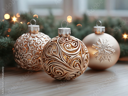 a Christmas ornament with a detailed gold design on a silver background.