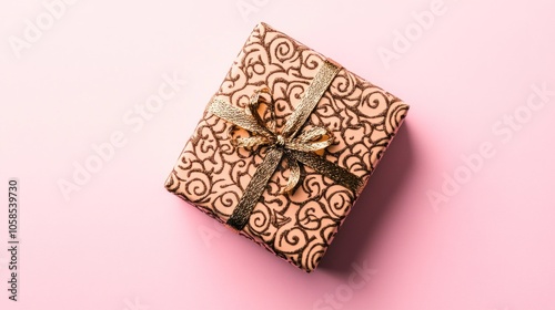 A beautifully wrapped gift box with a decorative ribbon on pink background.