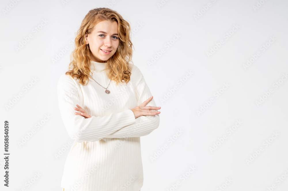 Half-length portrait of smiling young attractive blonde girl on white background Half-length portrait of smiling young attractive blonde girl on white background