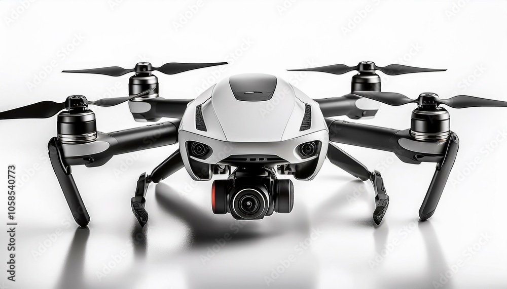 Modern quadcopter drone with sleek design and rotating propellers, isolated on white background, ideal for tech ads and drone product listings. Modern quadcopter drone with sleek design and rotating propellers, isolated on white background, ideal for tech ads and drone product listings.