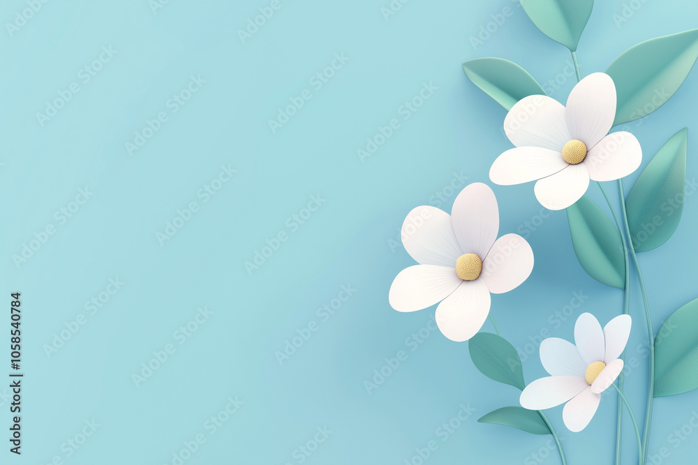 Three white flowers with green leaves on blue background Three white flowers with green leaves on blue background