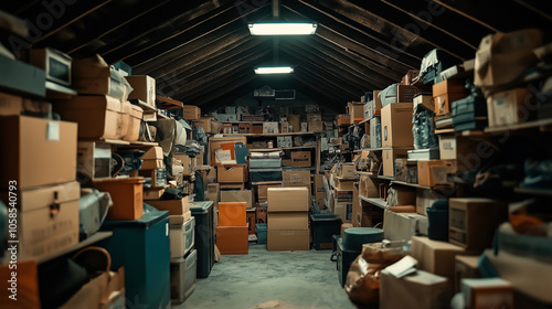 Attic storage space filled with various cardboard boxes and items, organized on shelves under sloped wooden ceiling, brightly lit by fluorescent lights.