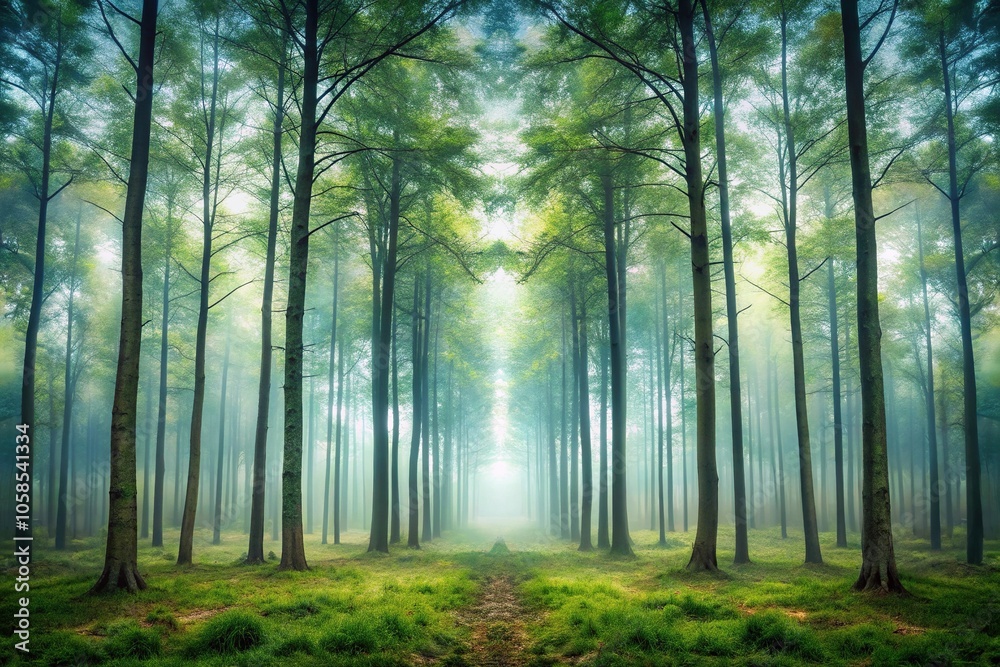 Obraz premium Misty forest with symmetrical trees and fog in the background