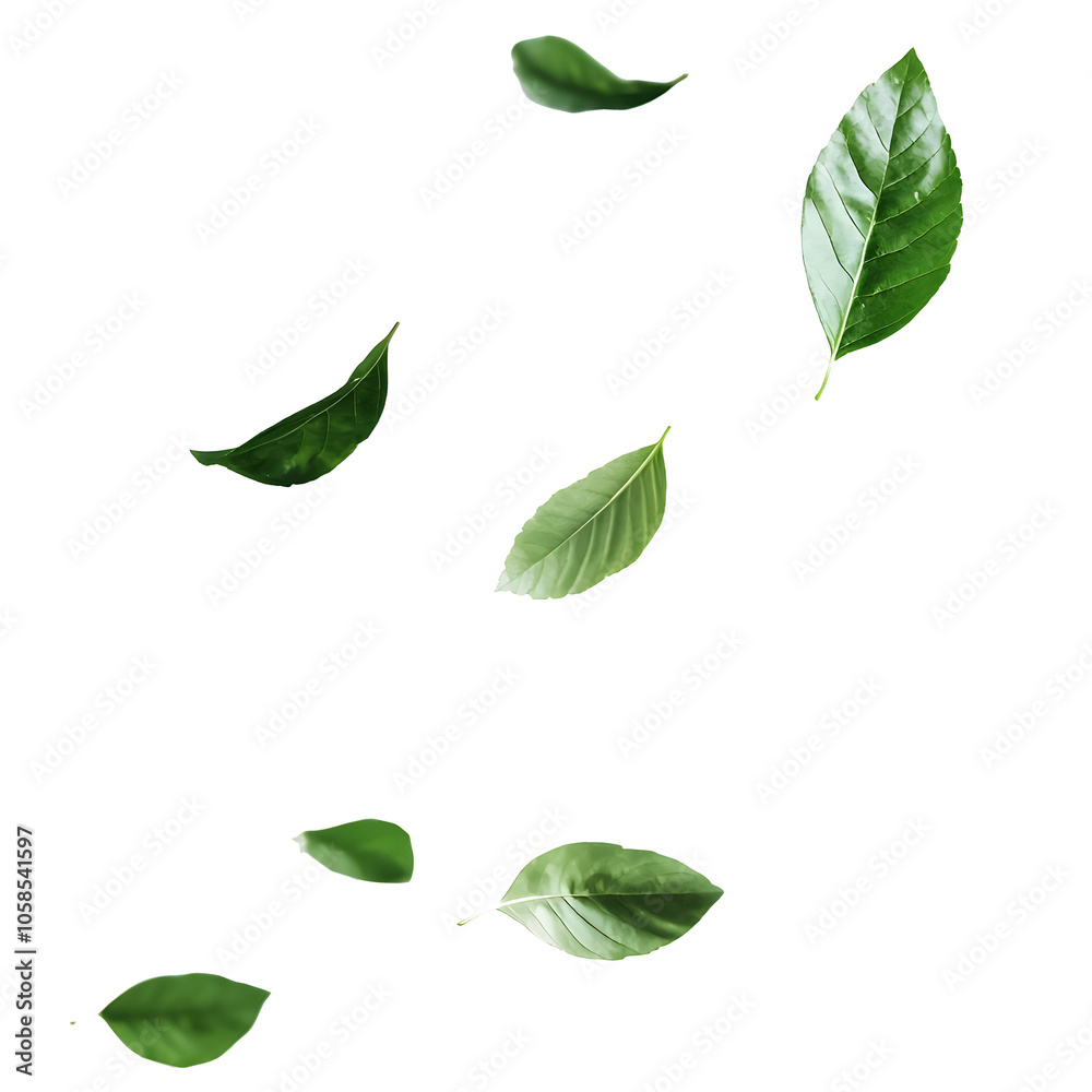 Green Flying Leaves, Falling Leaf on Transparent Background Green Flying Leaves, Falling Leaf on Transparent Background