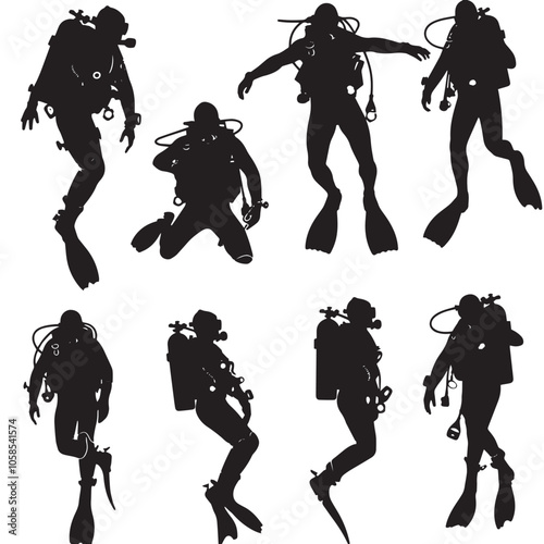 Diver Silhouette Vector , black silhouettes isolated on white background