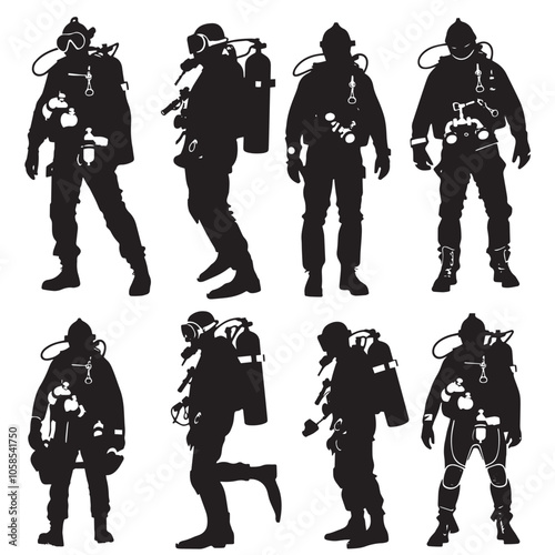 Diver Silhouette Vector , black silhouettes isolated on white background