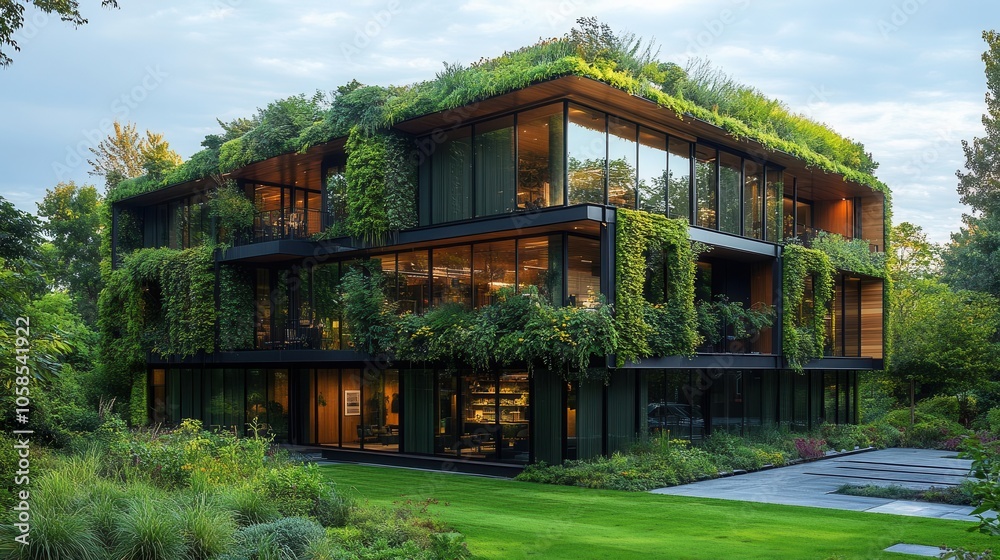 a panoramic view of a modern office green building, showcasing innovative architecture surrounded by greenery, reflecting sustainability and design excellence in a vibrant urban setting a panoramic view of a modern office green building, showcasing innovative architecture surrounded by greenery, reflecting sustainability and design excellence in a vibrant urban setting