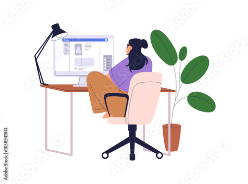 Woman sitting at desk, looking at computer screen, browsing internet, social media. Female at table, PC, view from back, behind. Home office. Flat vector illustration isolated on white background