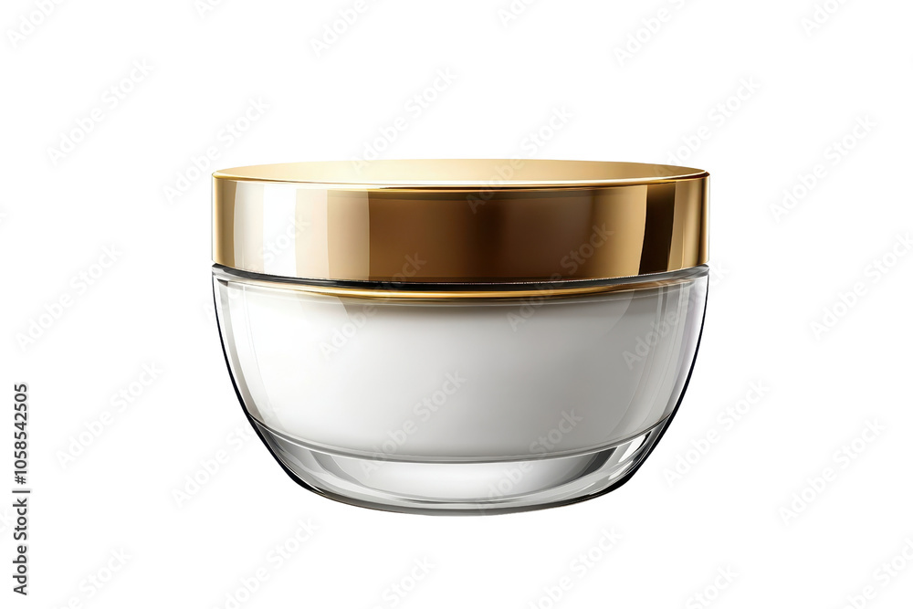 Elegant glass jar with gold lid containing luxurious white cream, perfect for skincare and beauty product presentations. Elegant glass jar with gold lid containing luxurious white cream, perfect for skincare and beauty product presentations.
