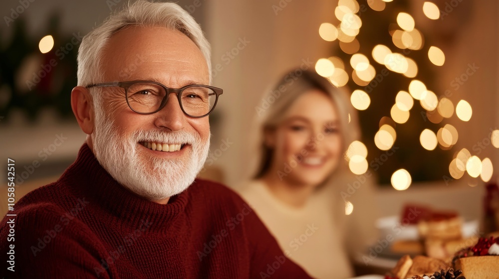 Happy senior man smiling at the holiday table with family, festive decorations in background. Happy senior man smiling at the holiday table with family, festive decorations in background.