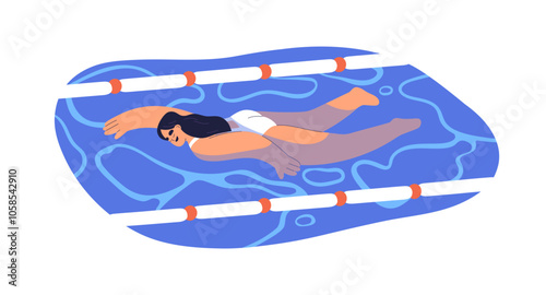 Woman in swimming pool, enjoying water sport, active leisure time. Female swimmer, happy girl in swimsuit, freestyle stroke. Aqua activity. Flat vector illustration isolated on white background