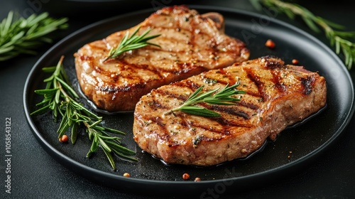 Grilled pork steaks with rosemary arranged on a dark plate, highlighting the delicious texture and flavor of the grilled pork steaks. Ideal for culinary presentations with ample copy space.