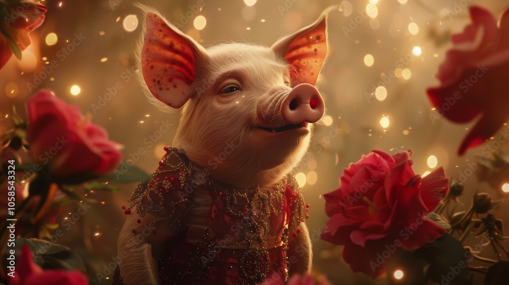 Fototapeta premium A pig in a fancy dress, belting out a love song on a stage adorned with flowers and twinkling lights.