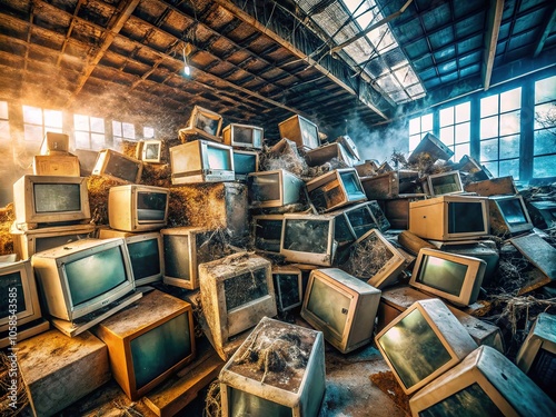 A drone's perspective captures a forgotten tech graveyard, where vintage computers and CRTs rest. photo