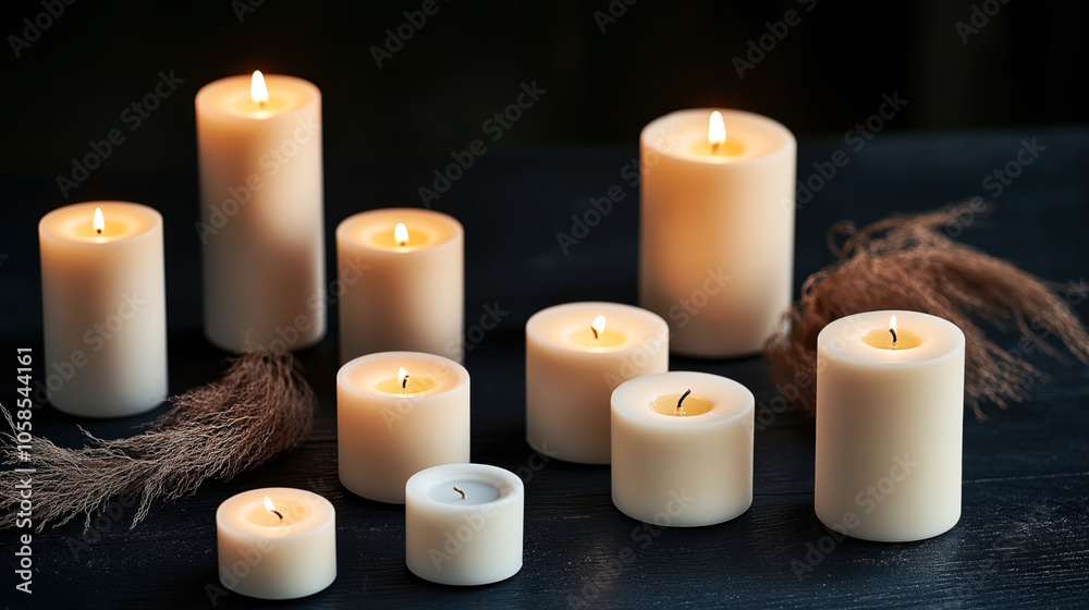 Lit candles of varying sizes on a dark surface with decorative dried foliage, creating a warm and cozy atmosphere