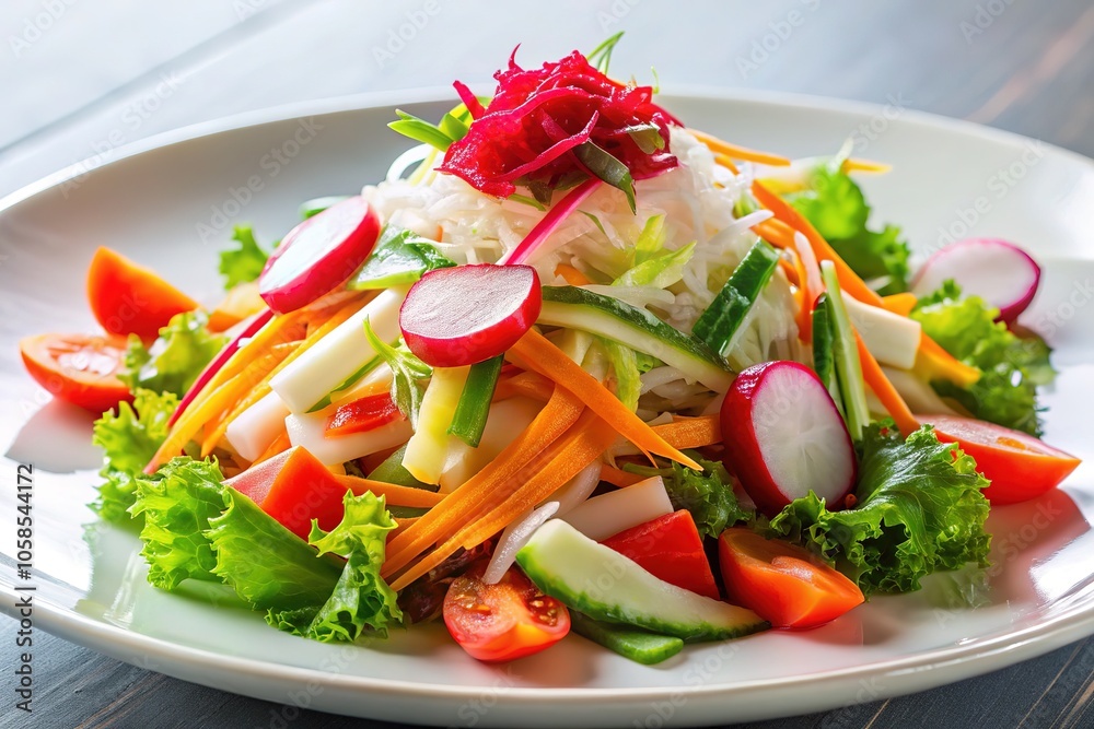 Aerial view of Japanese kani salad, vibrant colors, fresh ingredients. Aerial view of Japanese kani salad, vibrant colors, fresh ingredients.