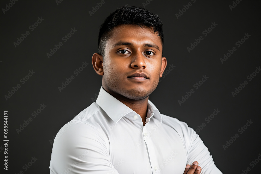 Fototapeta premium Confident Professional Man in White Shirt with Arms Crossed, Serious Expression, Studio Portrait Against Dark Background, Strength, and Determination