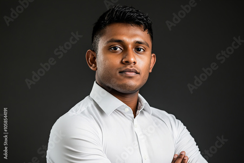 Confident Professional Man in White Shirt with Arms Crossed, Serious Expression, Studio Portrait Against Dark Background, Strength, and Determination