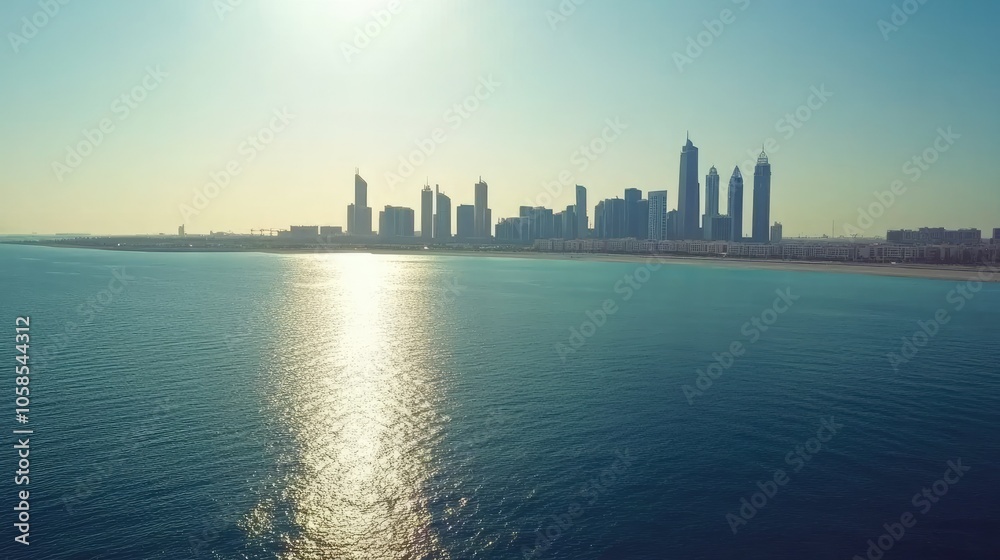 Aerial shot of Abu Dhabi Corniche skyline, with blue ocean and clear sky for text.