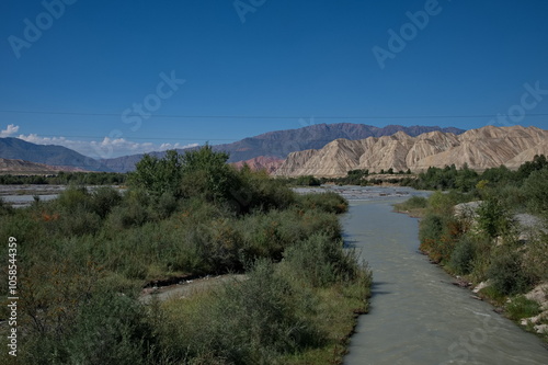 Scenic view of the river and mountains in Kyrgyzstan