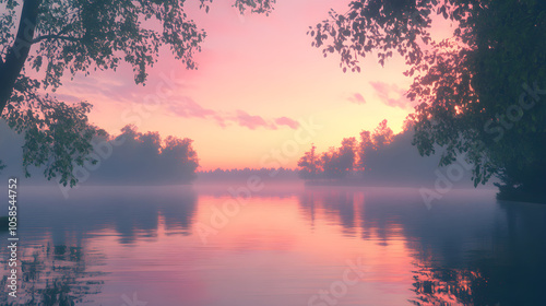 Tranquil Twilight by the Lakeside: A Serene Evening Reflecting Nature's Pastel Hues