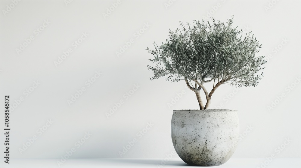 Obraz premium A small olive tree in an elegant stone pot, highlighting its slender trunk and small leaves against a stark white background.