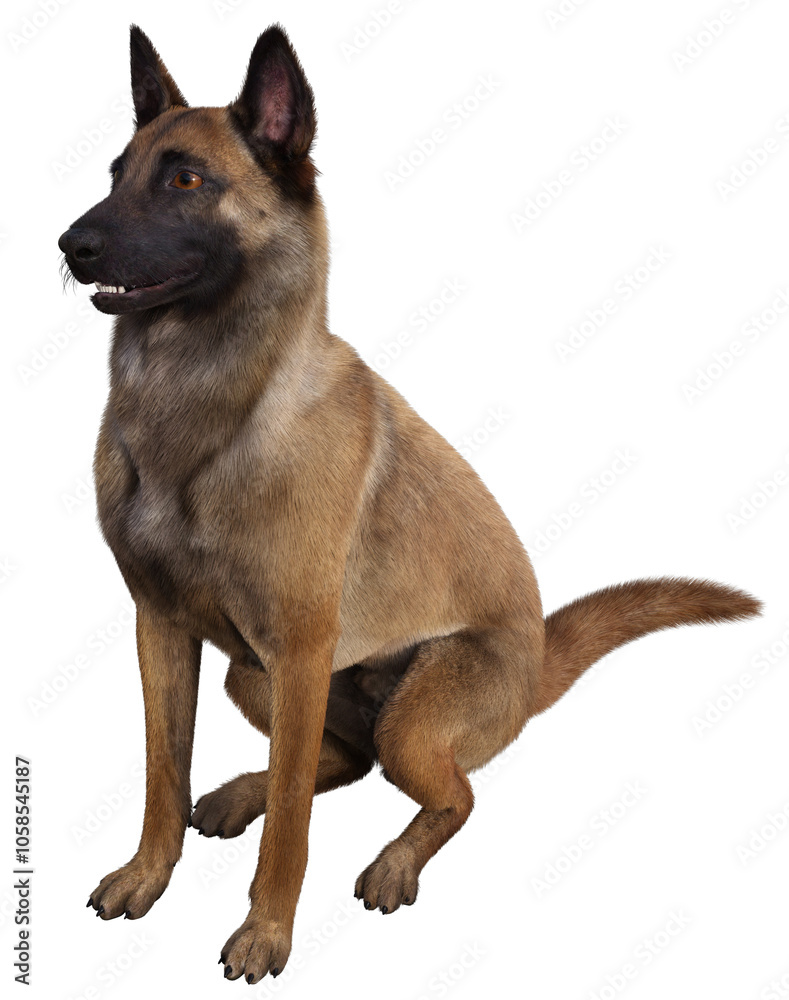 Brown malinois dog sitting. 3d rendering on transparent background, no AI used