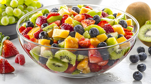 Colorful fruit salad in a glass bowl