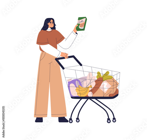 Woman shopping with grocery cart, supermarket trolley. Happy female customer choosing food products, holding package. Consumer with purchases. Flat vector illustration isolated on white background