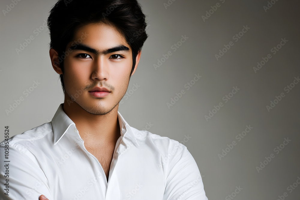 Confident Professional Man in White Shirt with Arms Crossed, Serious Expression, Studio Portrait Against Dark Background, Strength, and Determination Confident Professional Man in White Shirt with Arms Crossed, Serious Expression, Studio Portrait Against Dark Background, Strength, and Determination