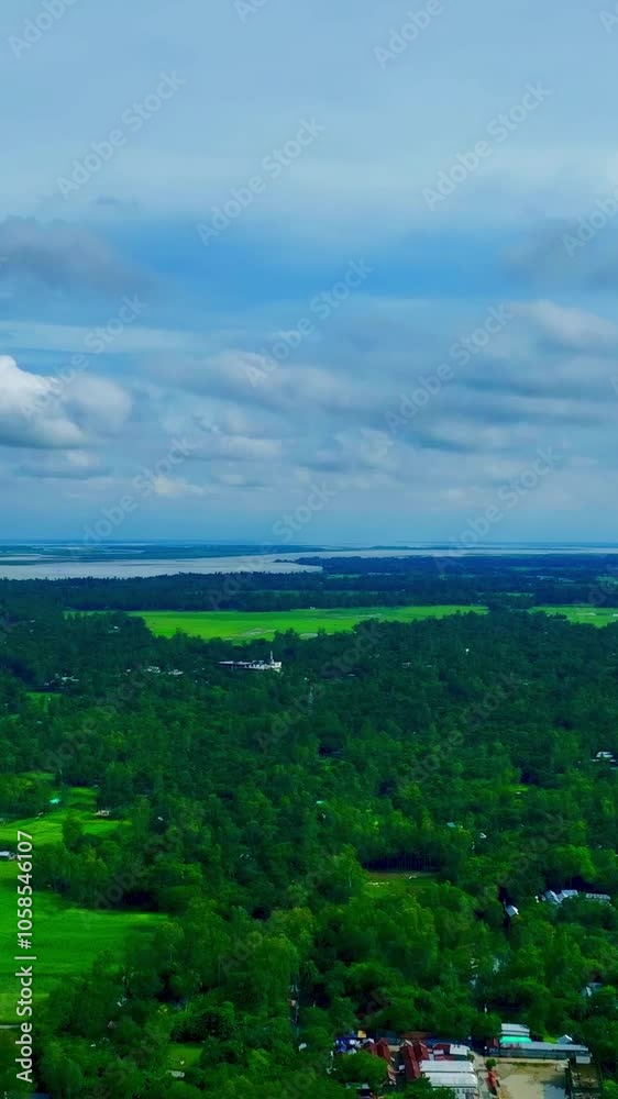Vertical Aerial lush forested areas over passing drone showcasing soft clouds sky,and peaceful beauty of nature Vertical Aerial lush forested areas over passing drone showcasing soft clouds sky,and peaceful beauty of nature