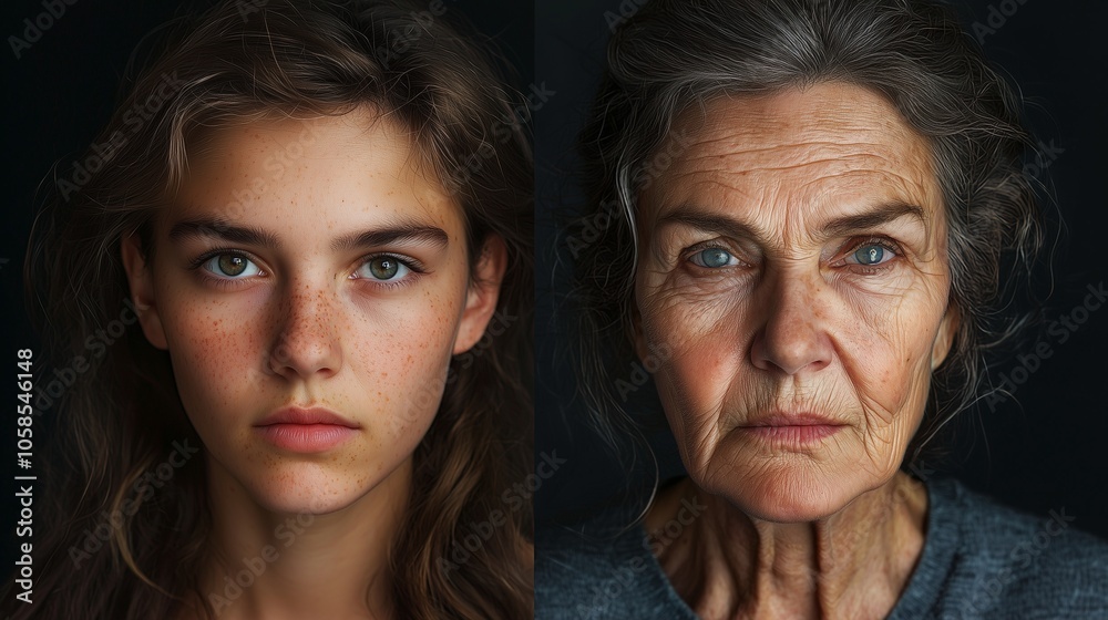 Portrait showing the same person young and old, highlighting the aging process and passage of time. Portrait showing the same person young and old, highlighting the aging process and passage of time.
