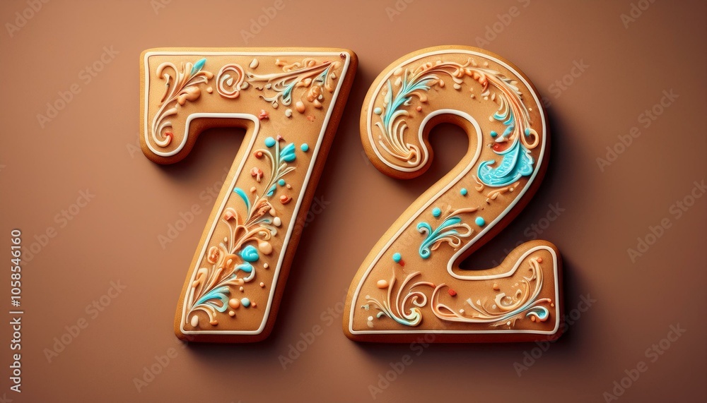Decorated cookie, number 72, image for birthday or anniversary celebration Decorated cookie, number 72, image for birthday or anniversary celebration