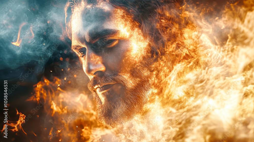 Majestic double exposure of Jesus and lion amidst flames, capturing ethereal light and limitless imagination, perfect for inspirational use Majestic double exposure of Jesus and lion amidst flames, capturing ethereal light and limitless imagination, perfect for inspirational use