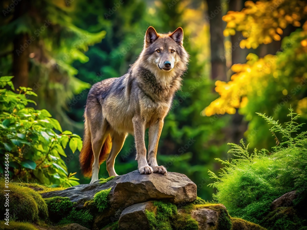 Fototapeta premium A powerful wolf perches majestically on a stone, showcasing its regal presence amidst lush foliage and the serene beauty of its wild habitat.
